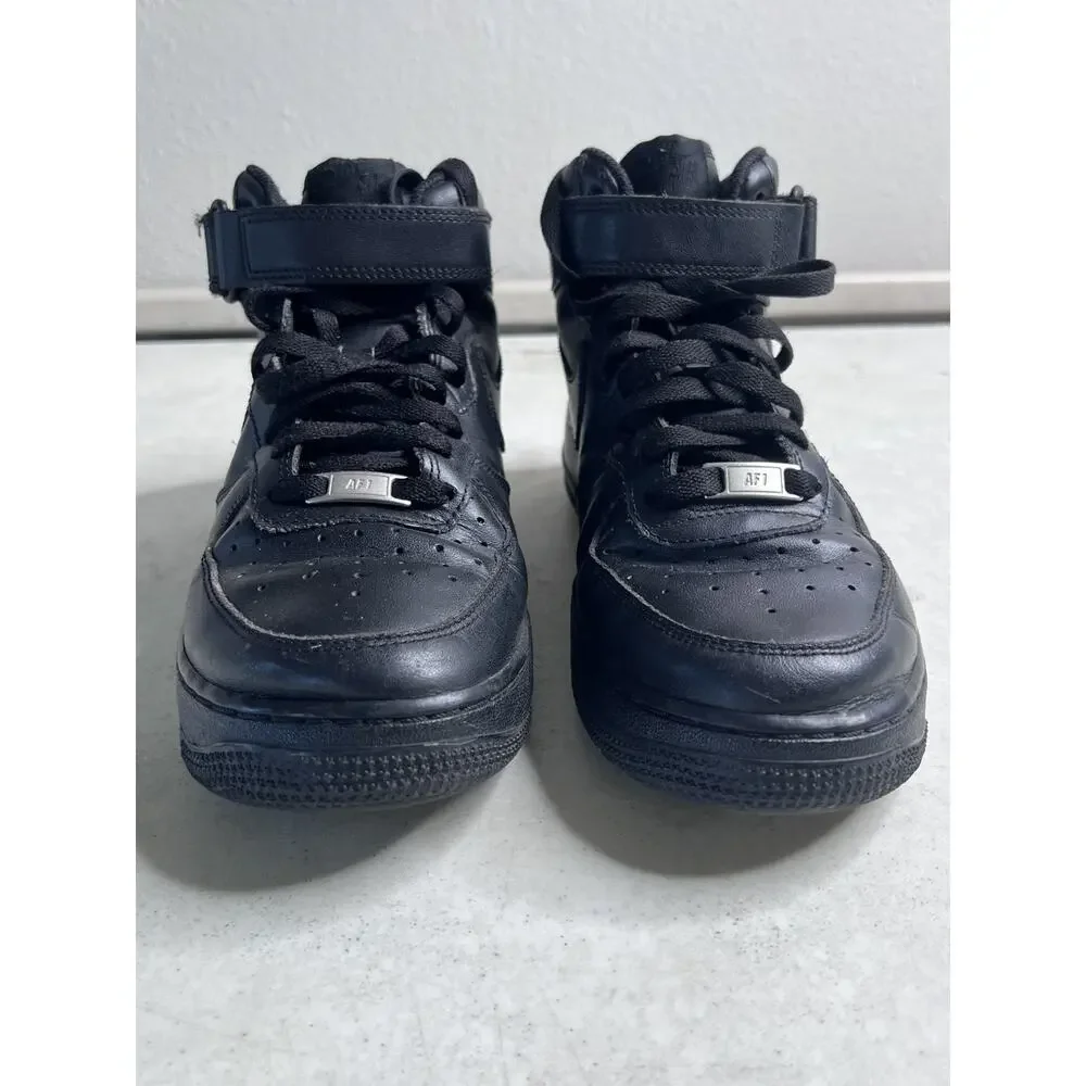 Nike Air Force 1 Mid Men's 8.5 Triple Black Leather Strap Sneaker AF1